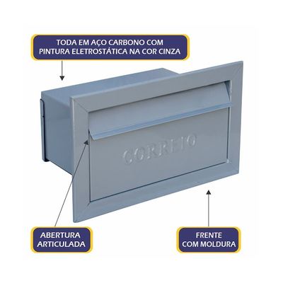 Caixa de Correio Cartas Para Muro Detras Cinza 15x23x30cm