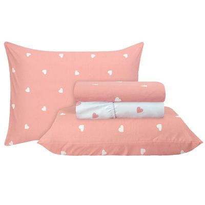 Jogo de Cama Duplo Casal 4 Peças Percal 180 Fios Coração Rose Sonhare Prata
