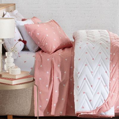 Jogo de Cama Duplo Casal 4 Peças Percal 180 Fios Coração Rose Sonhare Prata