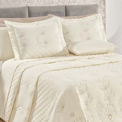 Kit Cobre Leito Colcha Atena Queen 5 Peças 100% Algodão 150 Fios Bordado Floral - Marfim