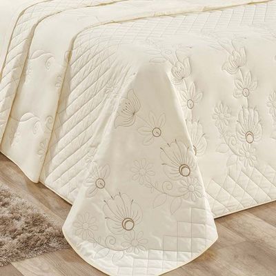 Kit Cobre Leito Colcha Atena Queen 5 Peças 100% Algodão 150 Fios Bordado Floral - Marfim