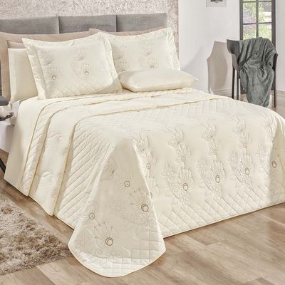 Kit Cobre Leito Colcha Atena Queen 5 Peças 100% Algodão 150 Fios Bordado Floral - Marfim