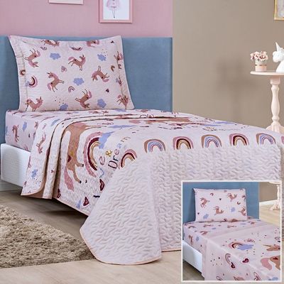 Kit Colcha + Jogo de Cama Bouti Kids Solteiro Infantil 5 Peças 100% Poliéster - Unicórnio