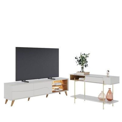 Rack Bancada Amalfi Com Pés Em Madeira E Aparador Para Sala Sena Off White Matte Freijó - Colibri