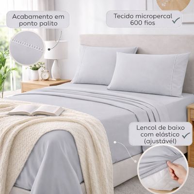 Jogo de Lençol Queen Premium Soft 600 Fios Micropercal Cinza Ponto Palito Toque Macio 4 Peças