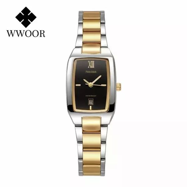 Relógio Feminino Wwoor Elegante Moda Aço Inoxidável À Prova D'Água Prata Preto