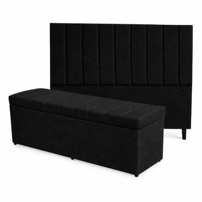 Kit De Quarto Roma Cabeceira De Cama Box E Calçadeira Baú King 195 Cm Suede Preto Eli Móveis E Decoração