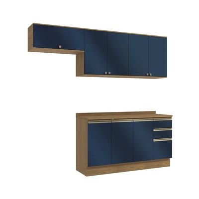 Armário De Cozinha Completa 100% Mdf 240cm Nogueira/azul Profundo Celeste Kappesberg