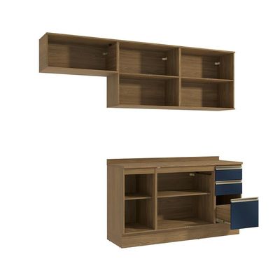 Armário De Cozinha Completa 100% Mdf 240cm Nogueira/azul Profundo Celeste Kappesberg