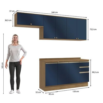 Armário De Cozinha Completa 100% Mdf 240cm Nogueira/azul Profundo Celeste Kappesberg