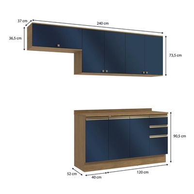 Armário De Cozinha Completa 100% Mdf 240cm Nogueira/azul Profundo Celeste Kappesberg