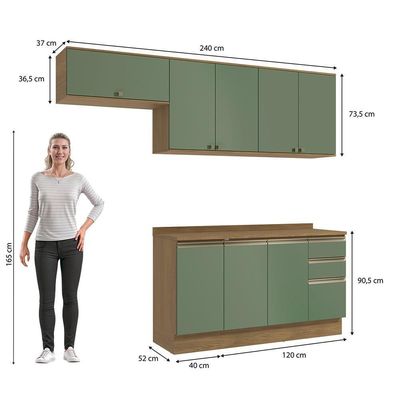 Armário De Cozinha Completa 100% Mdf 240cm Nogueira/verde Celeste Kappesberg