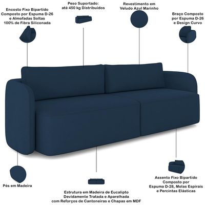 Sofá 3 Lugares Sala Living Orgânico 240cm Oregon K01 Veludo Azul Marinho - Lyam Decor