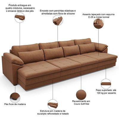 Sofá Retrátil Para Sala de Estar 4 Lugares 339cm Riza S03 Couro Soft Mel - Lyam Decor