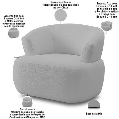 Kit 02 Poltronas Giratória Orgânica Para Sala Living Florea M05 Bouclê Cinza - Lyam Decor