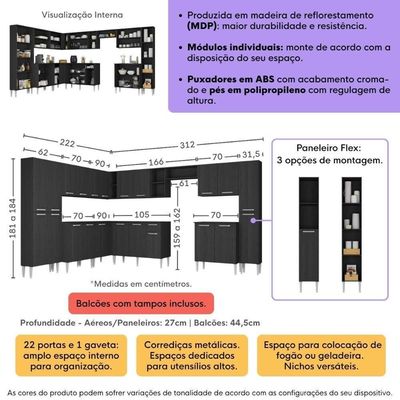 Armário Cozinha Modulada Completa De Canto 534cm Pequim Pop Multimóveis Mp3771 Preto