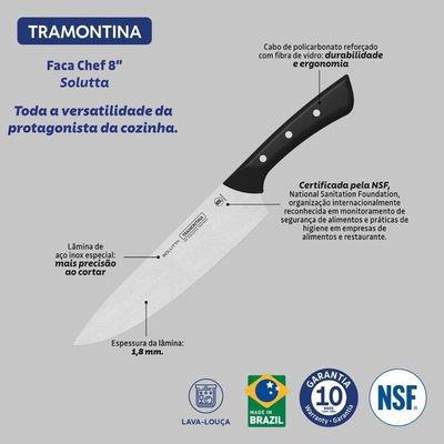 Faca Chef Tramontina Solutta Em Aço Inox E Cabo Em Policarbonato Preto 8"