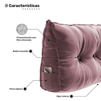 Almofada Para Cabeceira Encosto Apoio Lombar Spot 195cm Com Porta Celular Veludo - Abmaza Cor Rosê
