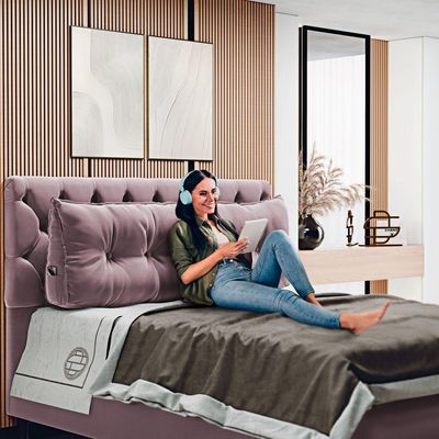 Almofada Para Cabeceira Encosto Apoio Lombar Spot 195cm Com Porta Celular Veludo - Abmaza Cor Rosê