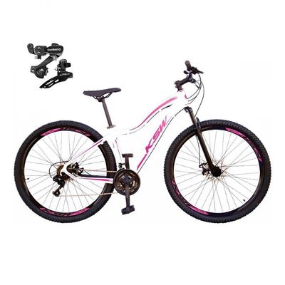 Bicicleta Aro 29 Ksw Mwza Feminina Câmbios Shimano 21v Freio A Disco Garfo Suspensão Mtb branco-rosa Tam: 15
