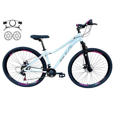 Bicicleta Aro 29 Gta Start Freio Hidráulico 21v Alumínio Mountain Bike Garfo Suspensão branco-cinza-rosa Tam: 15