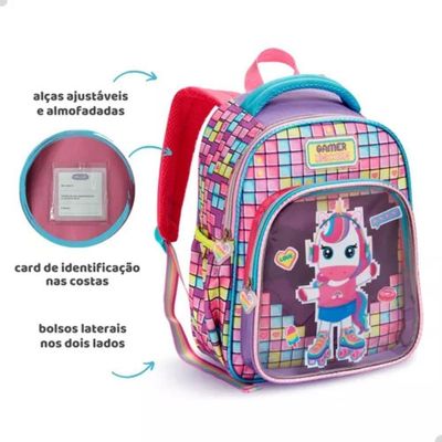 Mochila Costas Escolar Infantil Unicórnio Gamer Festa Feminina Grande Denlex