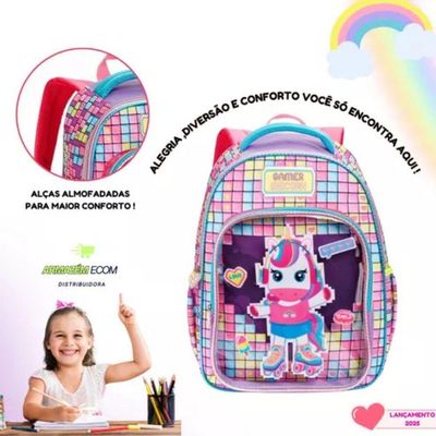 Mochila Costas Escolar Infantil Unicórnio Gamer Festa Feminina Grande Denlex
