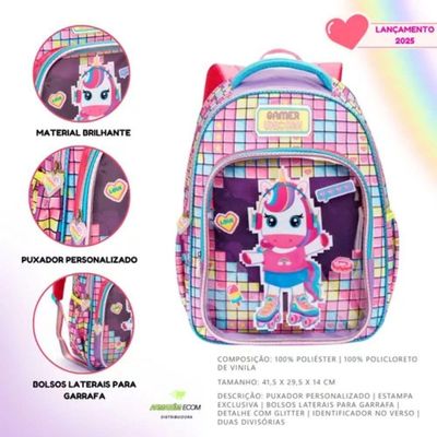 Mochila Costas Escolar Infantil Unicórnio Gamer Festa Feminina Grande Denlex