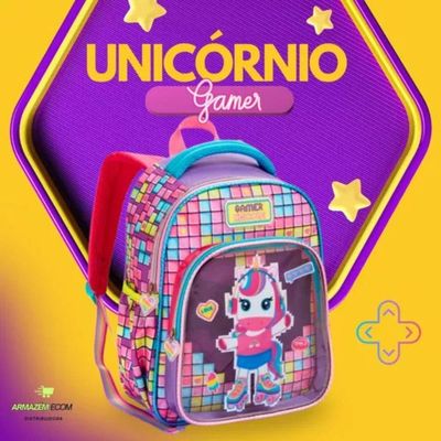 Mochila Costas Escolar Infantil Unicórnio Gamer Festa Feminina Grande Denlex
