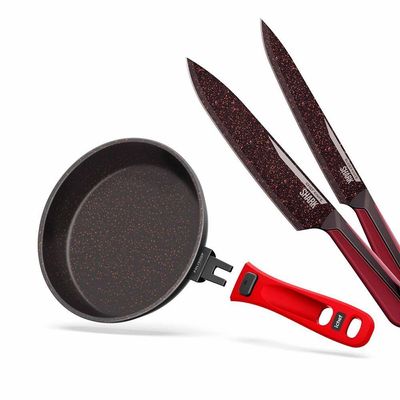 Panelas Ultra Day By Day 24cm Com Tampa De Vidro Vermelho E Kit Com 2 Facas Revestimento Ichef Red | Ichef