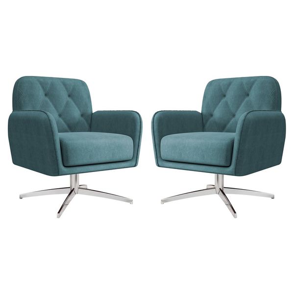 Kit 2 Poltronas Decorativas Mirna Suede Turquesa Base Giratória - Gran Belo