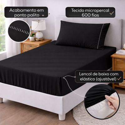 Jogo de Lençol Solteiro Premium Soft 600 Fios Micropercal Preto Ponto Palito Toque Macio 2 Peças