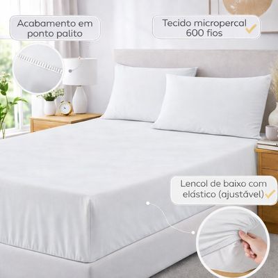 Jogo de Lençol Casal Padrão Premium Soft 600 Fios Micropercal Branco Ponto Palito Toque Macio 3 Peças
