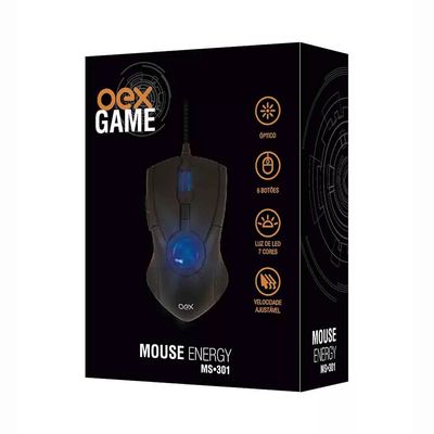 Mouse Oex Gamer Energy com Fio USB 3200 DPI 6 Botões LED Azul