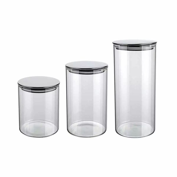 Conjunto de Potes Euro Slim de Vidro Redondo com Tampa de Inox com 3 Peças