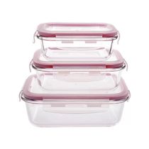 Conjunto de Potes Casambiente de Vidro Rosa Hermético com Tampa Lock Retangular com 3 Peças
