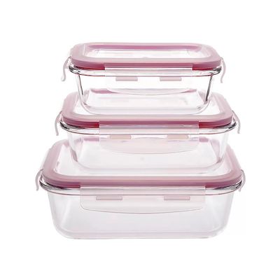 Conjunto de Potes Casambiente de Vidro Rosa Hermético com Tampa Lock Retangular com 3 Peças