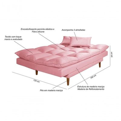 Sofá Cama Andorra 3 Lugares Império Reclinável Casal Pés Madeira Com Banqueta Suede Rosa 200