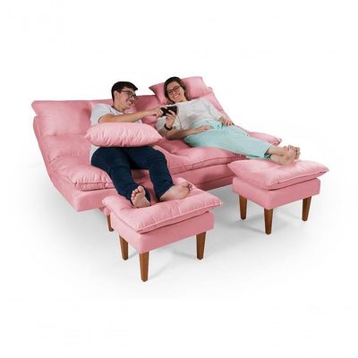 Sofá Cama Andorra 3 Lugares Império Reclinável Casal Pés Madeira Com Banqueta Suede Rosa 200