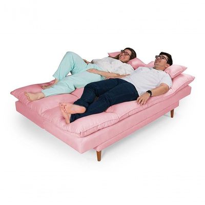 Sofá Cama Andorra 3 Lugares Império Reclinável Casal Pés Madeira Com Banqueta Suede Rosa 200