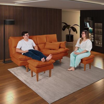 Sofá Cama Andorra 3 Lugares Império Reclinável Casal Pés Madeira Com Banqueta Suede Rosa 200