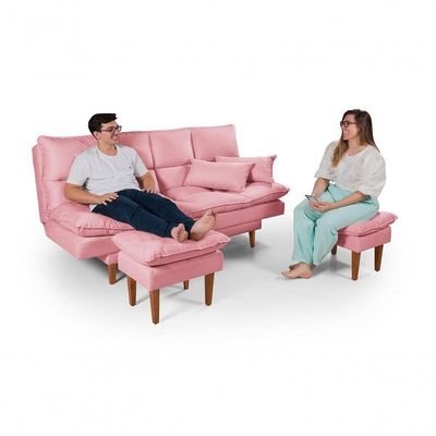 Sofá Cama Andorra 3 Lugares Império Reclinável Casal Pés Madeira Com Banqueta Suede Rosa 200