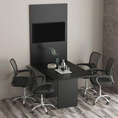 Conjunto Mesa De Escritório Reunião 136cm Com Painel Para Tv Multimóveis Cr25338 Preto
