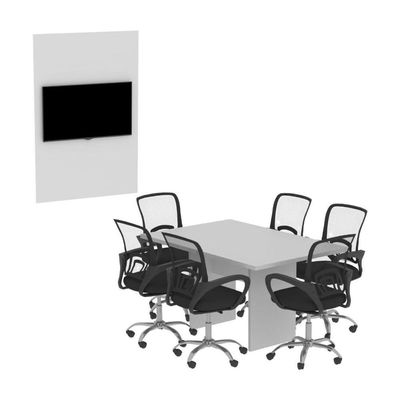 Conjunto Mesa De Escritório Reunião 136cm Com Painel Para Tv Multimóveis Cr25338 Branco