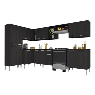 Armário Cozinha Modulada Completa De Canto 432,5cm Pequim Pop Multimóveis Mp3774 Preto