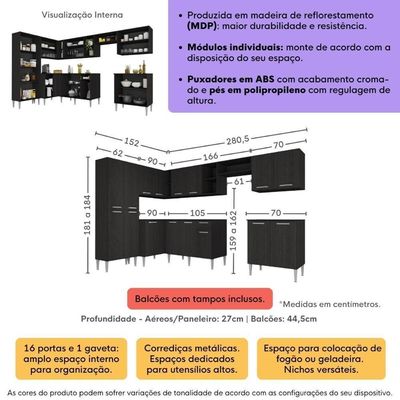 Armário Cozinha Modulada Completa De Canto 432,5cm Pequim Pop Multimóveis Mp3774 Preto