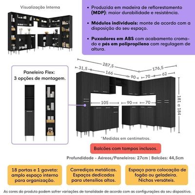 Armário Cozinha Modulada Completa De Canto 464cm Pequim Pop Multimóveis Mp3772 Preto