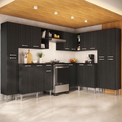 Armário Cozinha Modulada Completa De Canto 464cm Pequim Pop Multimóveis Mp3772 Preto