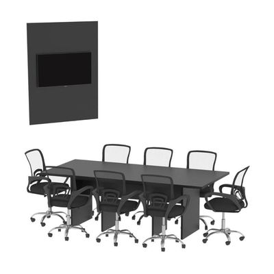 Conjunto Mesa De Escritório Reunião 220cm Com Painel Para Tv Multimóveis Cr25339 Preto