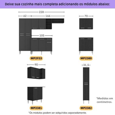 Armário Cozinha Modulada Completa 298cm Pequim Top Multimóveis Mp3769 Preto